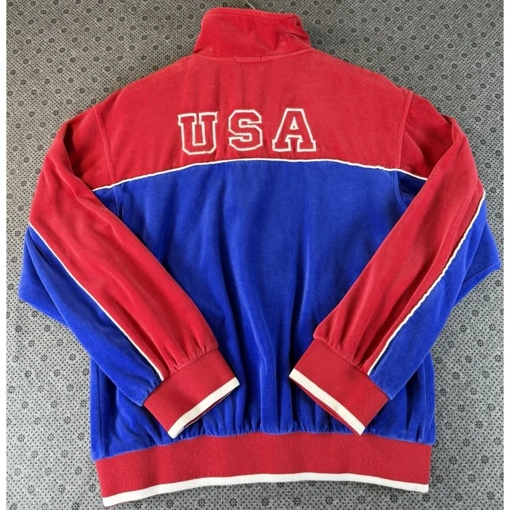 Sweatsedo Mens Velour Track Jacket Red Blue USA Beerfest Full Zip Size M - Picture 2 of 11